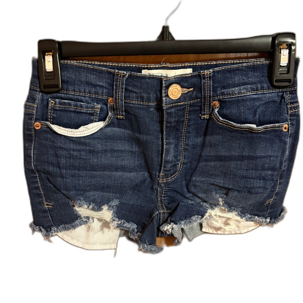 Mudd FLX stretch distressed denim mini shorts with lace pocket hem trim Size 0